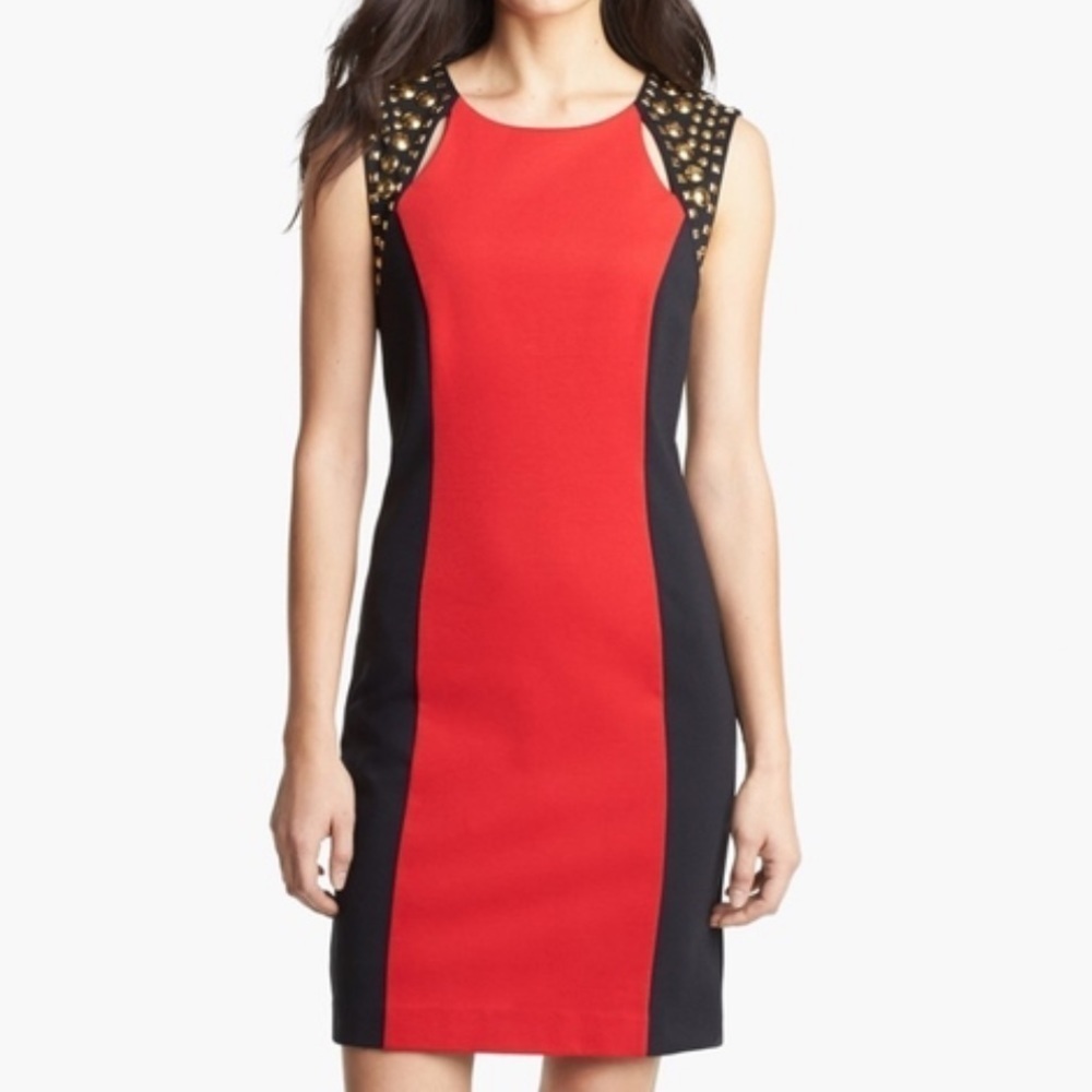 Michael Michael Kors red/black dress Sz 2 gold studs lined classy